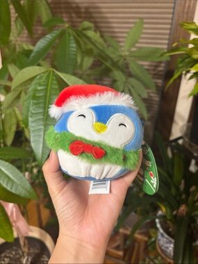 Plush Holiday Penguin Toy - Blue/White with Red Hat
